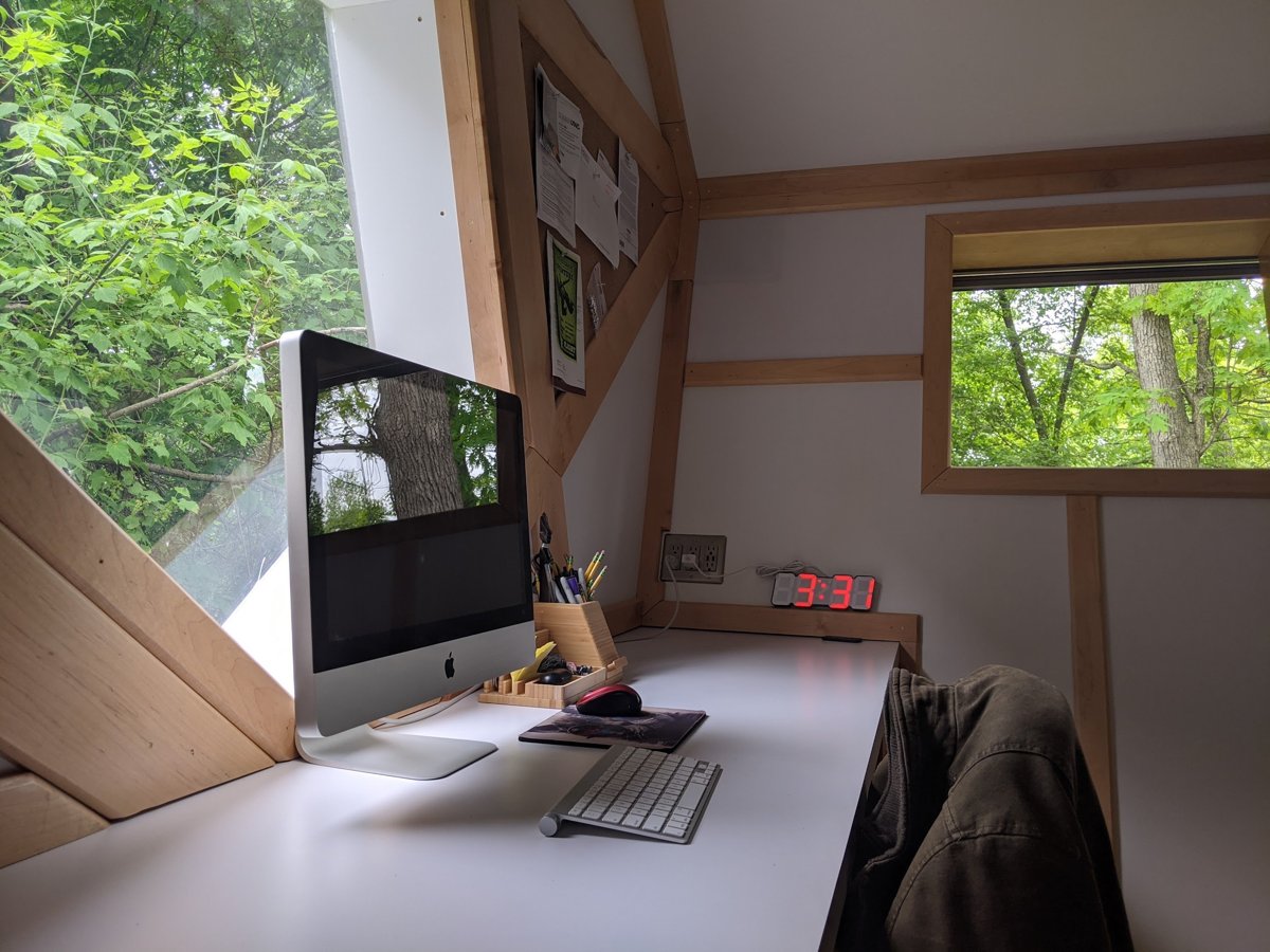 The Starship: desk nook with wood trim and garden windows